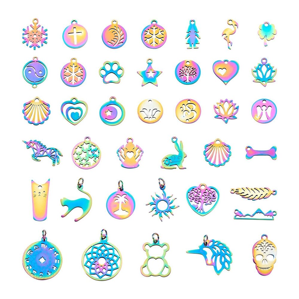 7997 50 Pcs Stainless Steel Rainbow Color Pendants Mixed Styles Multicolor